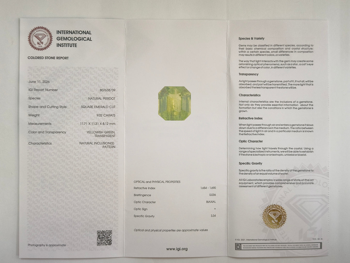 9.06 Natural Peridot Square Emerald Cut Gemstone