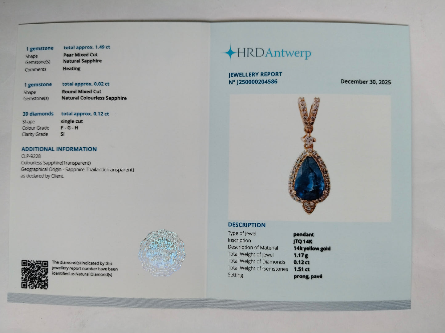 1.63 Ct Pear Mixed Cut Natural Sapphire 14K Gold Pendant