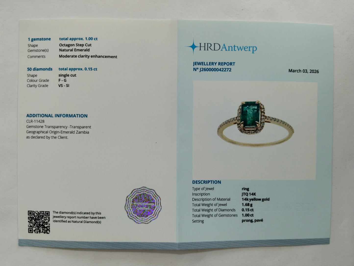 1.15 Ct Octagon Step Cut Natural Emerald 14K Gold Ring