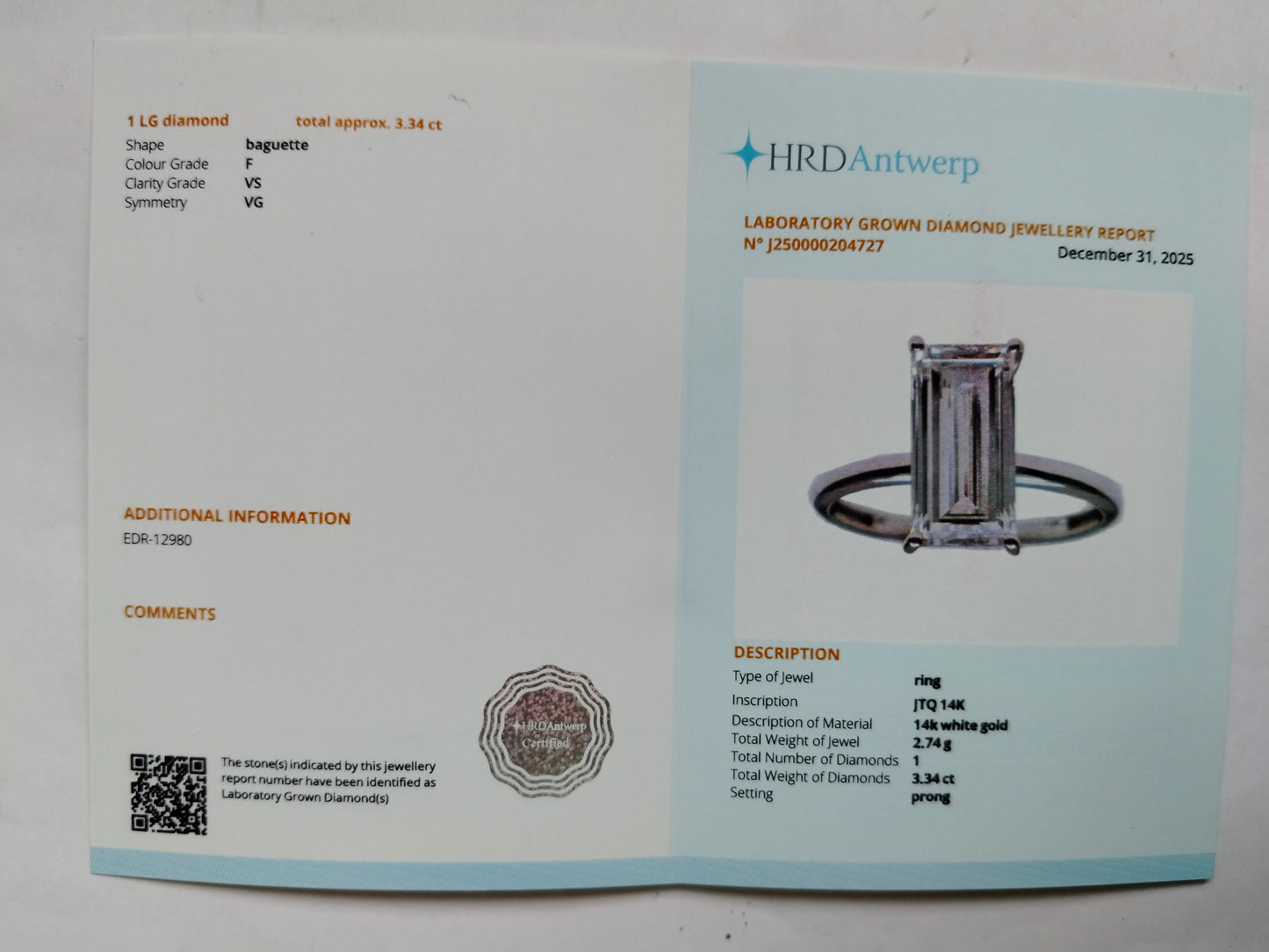 3.34 Carats Lab Grown Diamond 14K Gold Ring