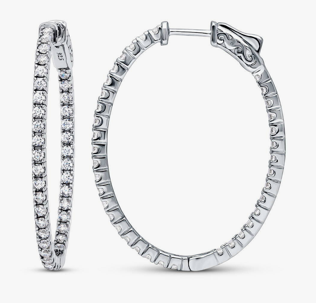 Oval CZ Medium Inside-Out Hoop Earrings in Sterling Silver 1.4"