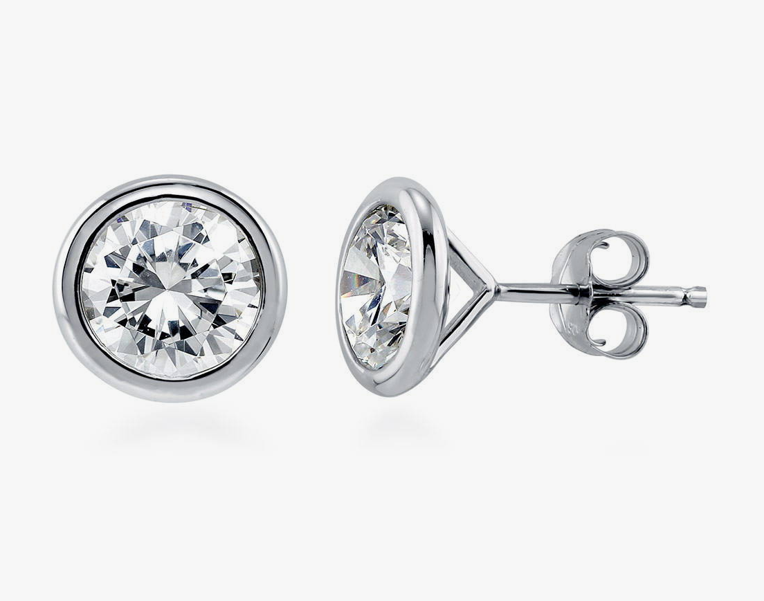Solitaire Bezel Set Round CZ Stud Earrings in Sterling Silver