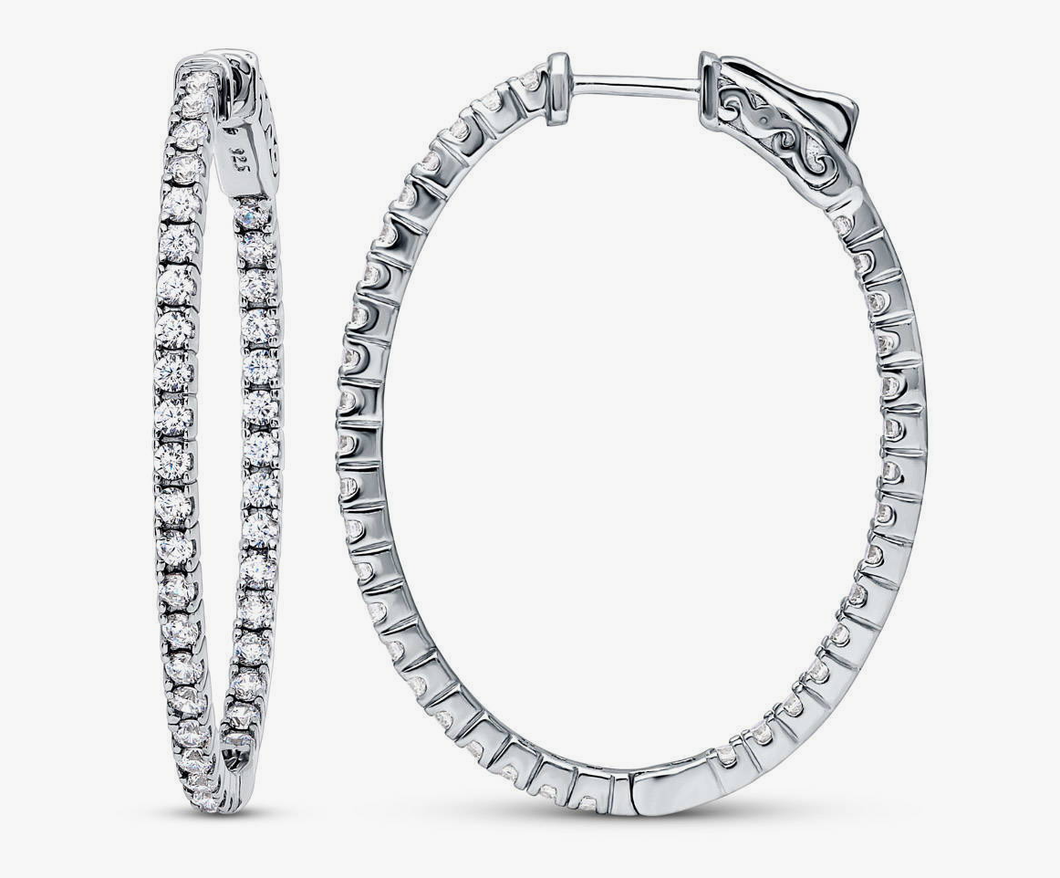 Oval CZ Medium Inside-Out Hoop Earrings in Sterling Silver 1.4"