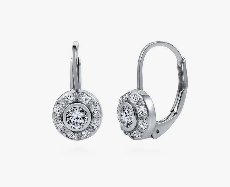 Halo Round CZ Leverback Dangle Earrings in Sterling Silver