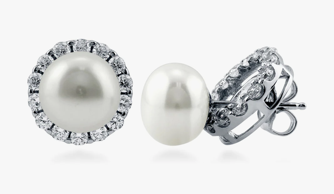 Halo White Button Cultured Pearl Stud Earrings in Sterling Silver