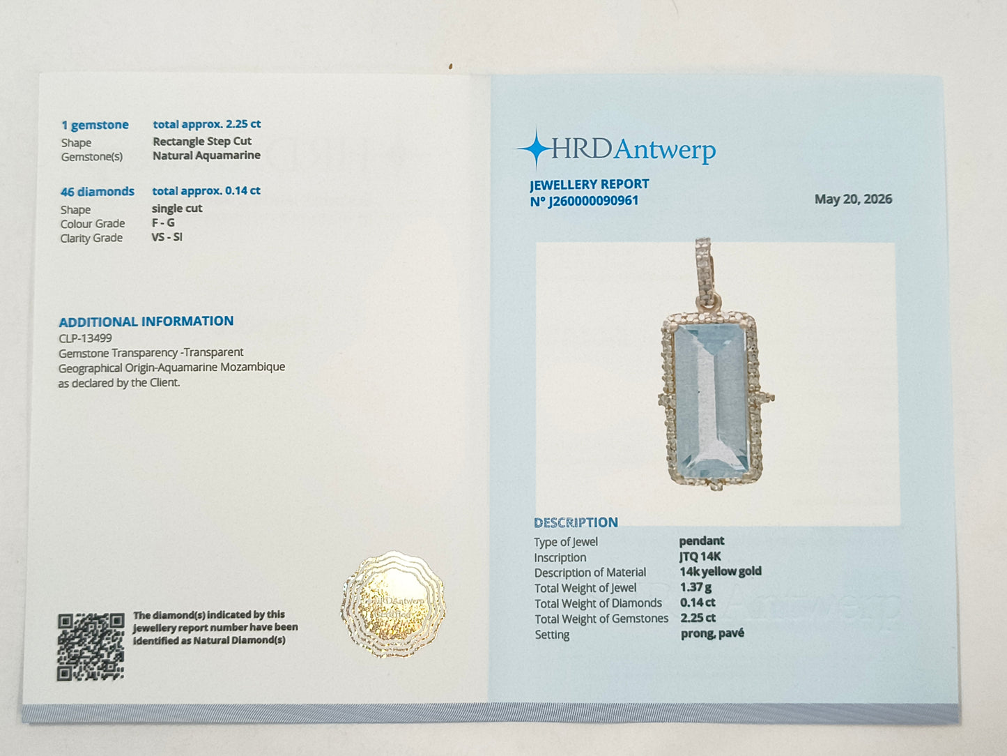 2.39 Ct Baguette Aquamarine 14K Gold Pendant