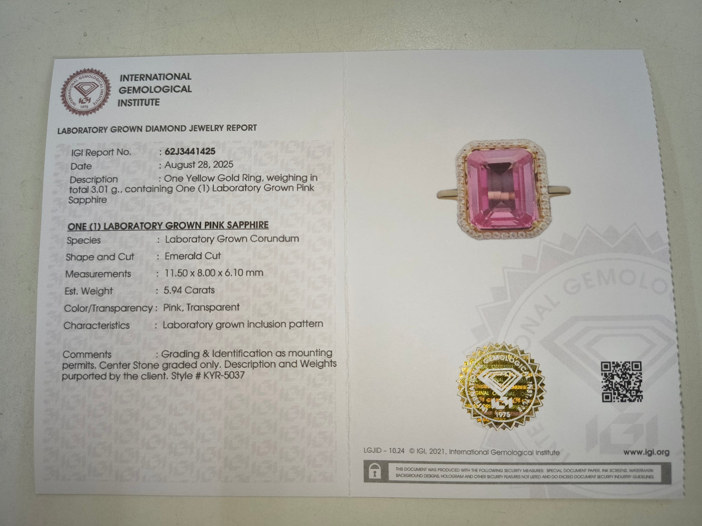 6.10 Ct Emerald Cut Lab Grown Pink Sapphire 14K Gold Ring