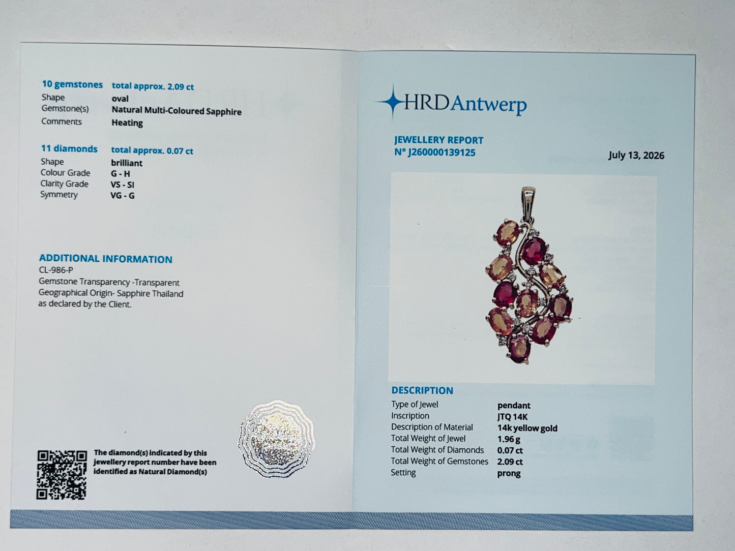 2.16 Ct Oval Natural Multi Coloured Sapphire 14K Gold Pendant