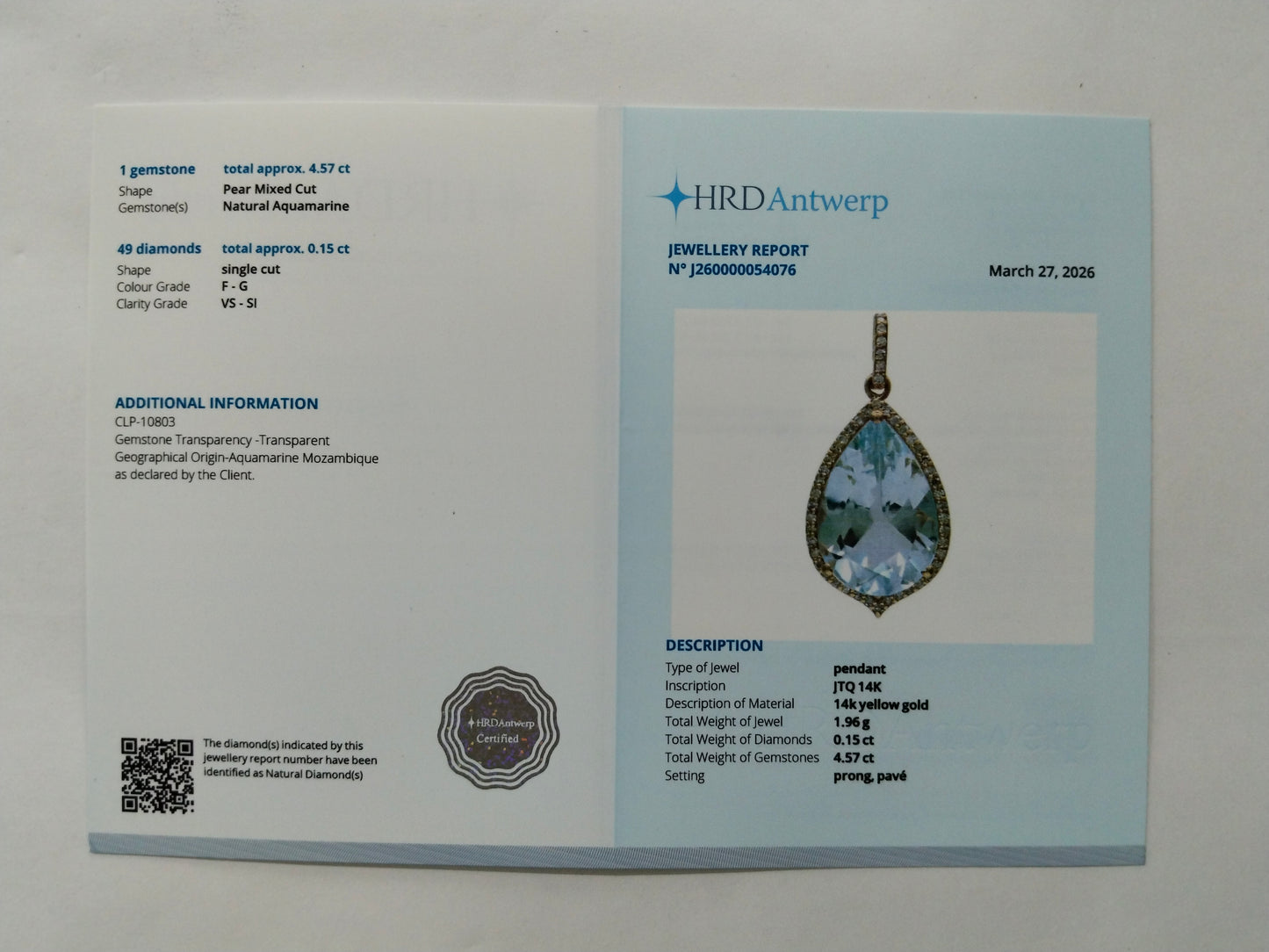 4.72 Ct Pear Mixed Cut Natural Aquamarine 14K Gold Pendant