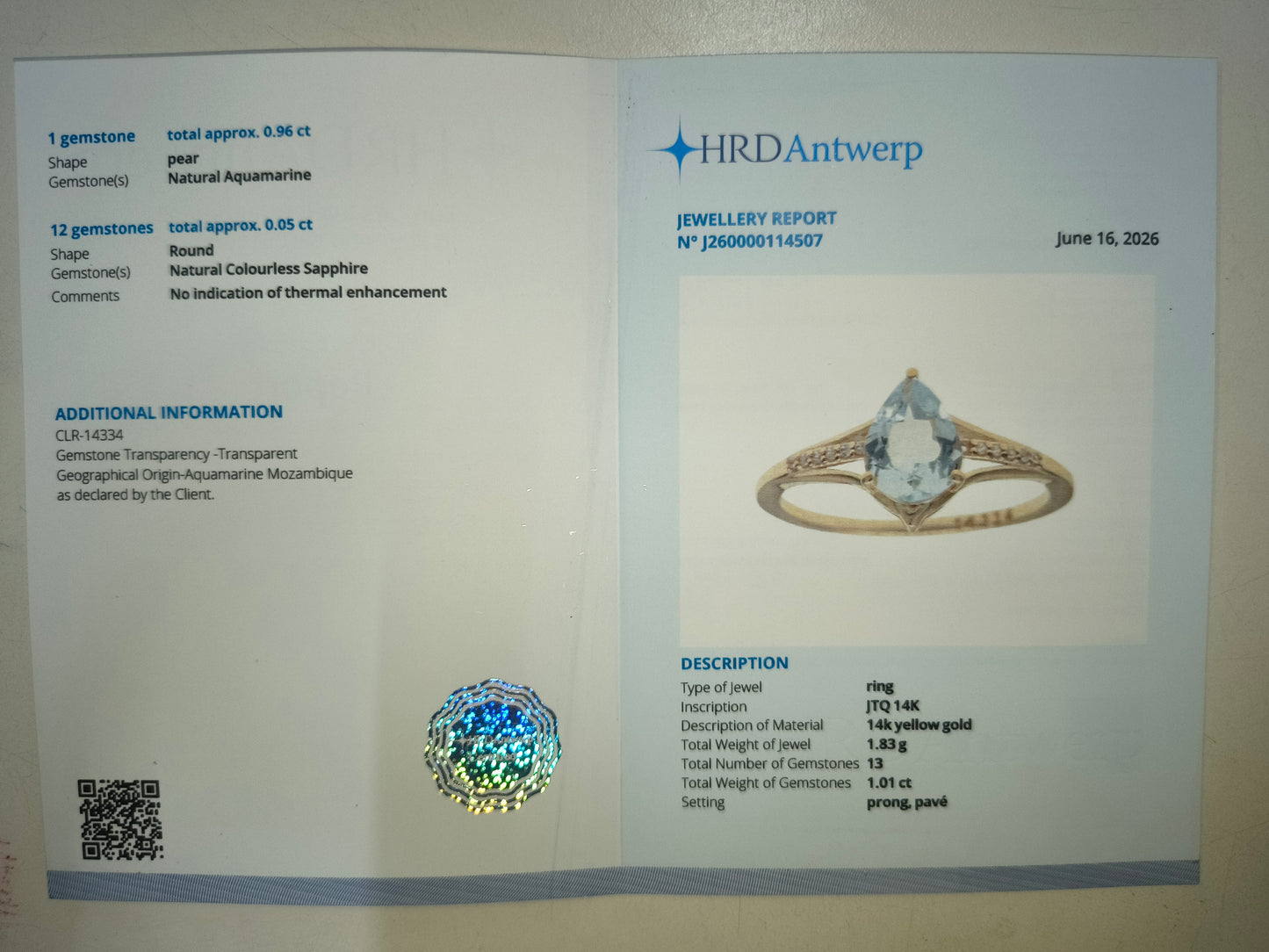 1.01 Ct Pear Natural Aquamarine 14K Gold Ring