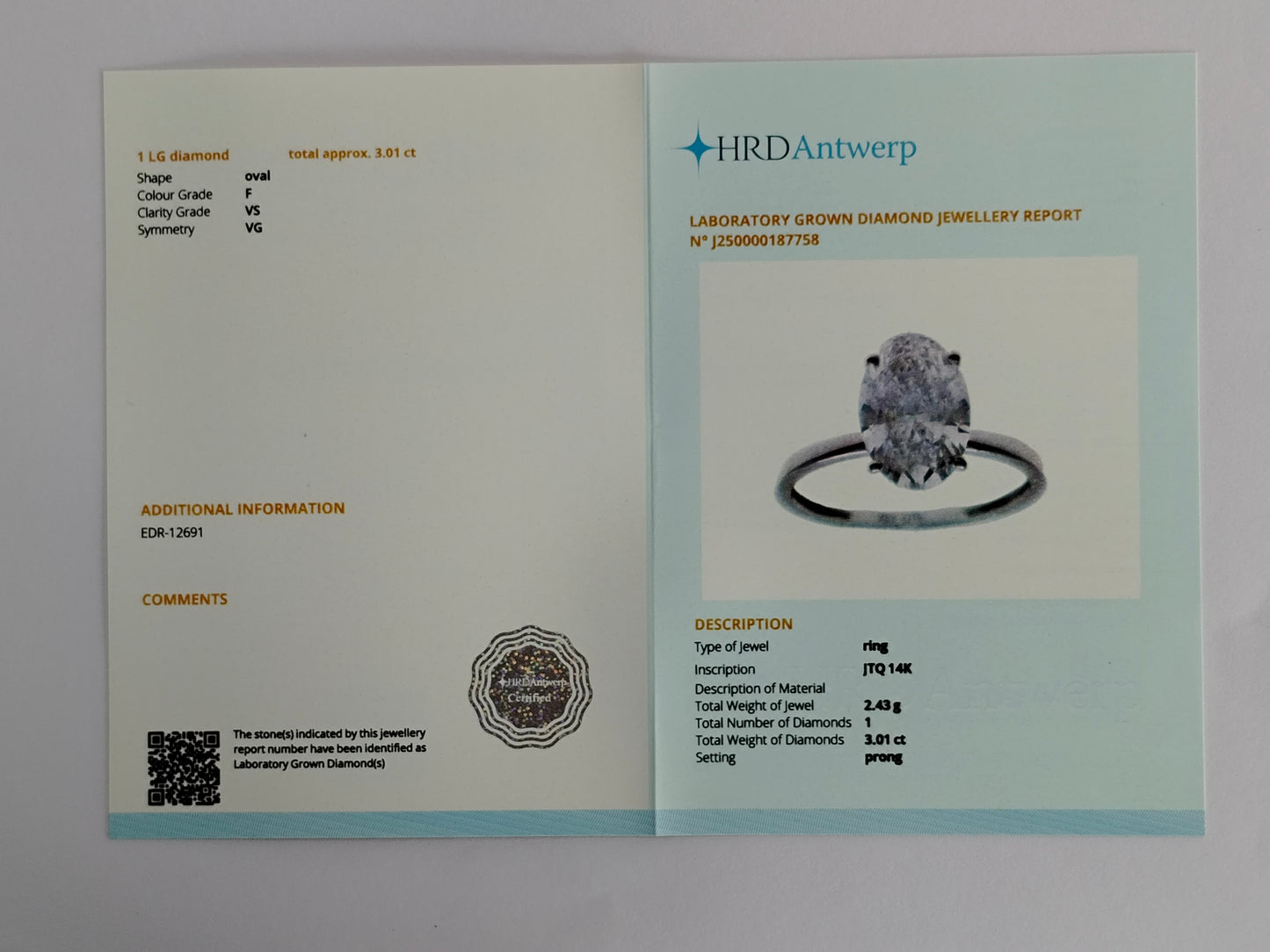3.01 Carats Lab Grown Diamond 14K Gold Ring