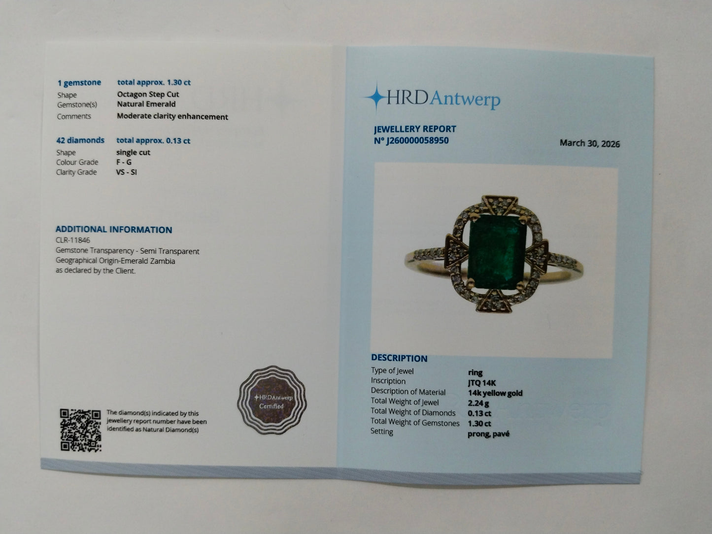 1.43 Ct Octagon Step Cut Natural Emerald 14K Gold Ring