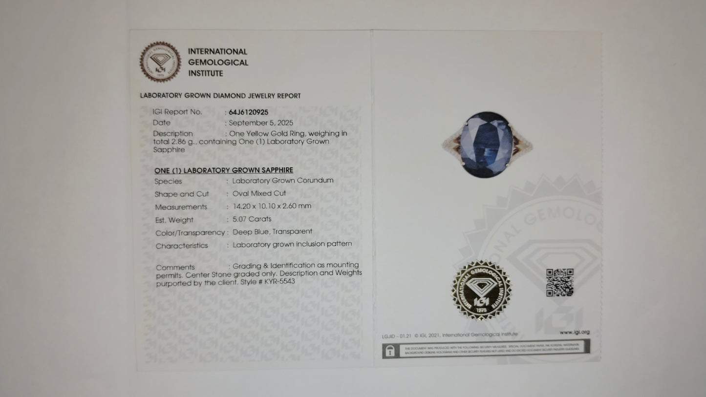 5.17 Ct Oval Mixed Cut Lab Grown Sapphire 14K Gold Ring