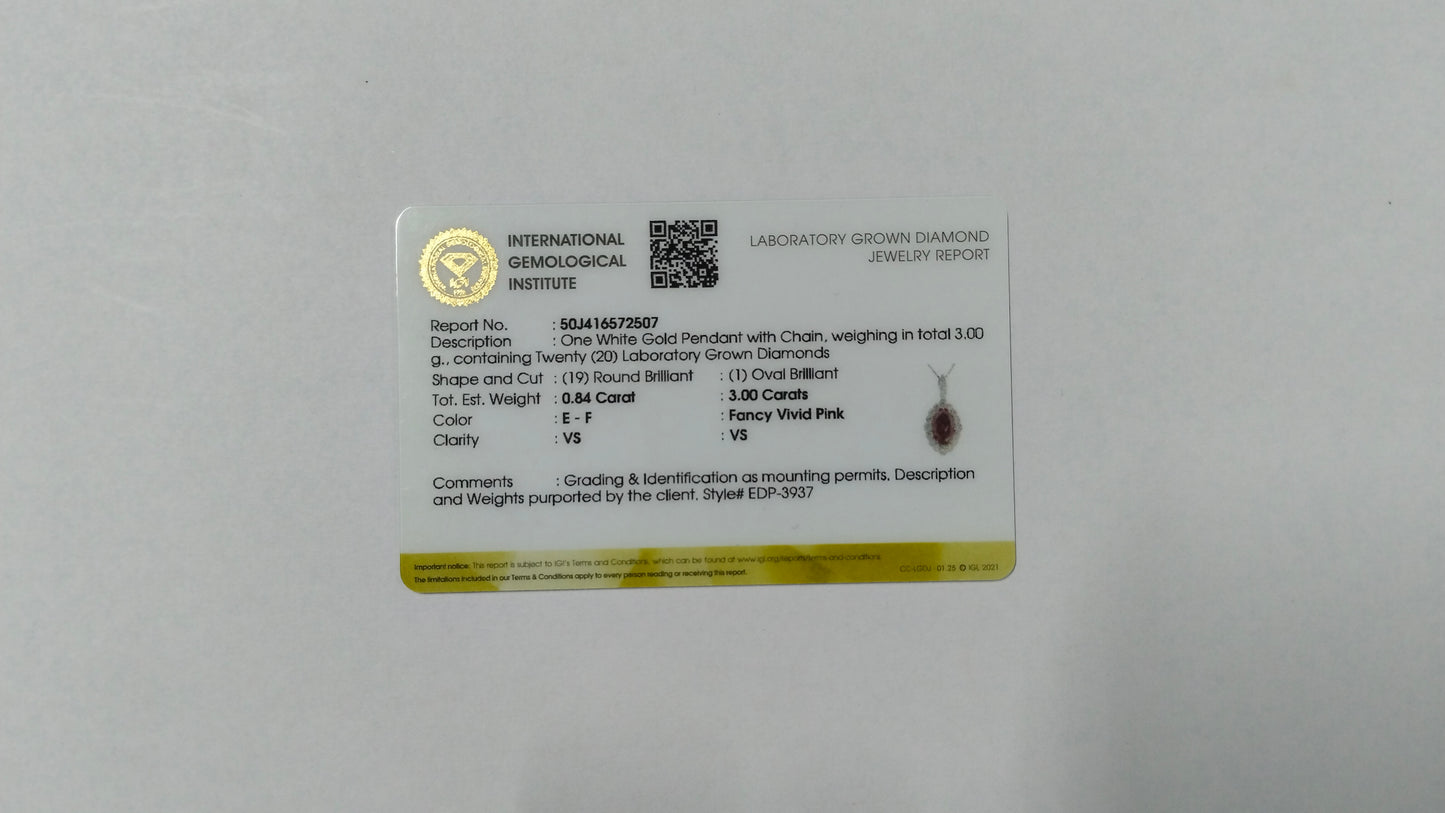 3.84 Carats Fancy Vivid Pink Lab Grown Diamond 14K Gold Pendant