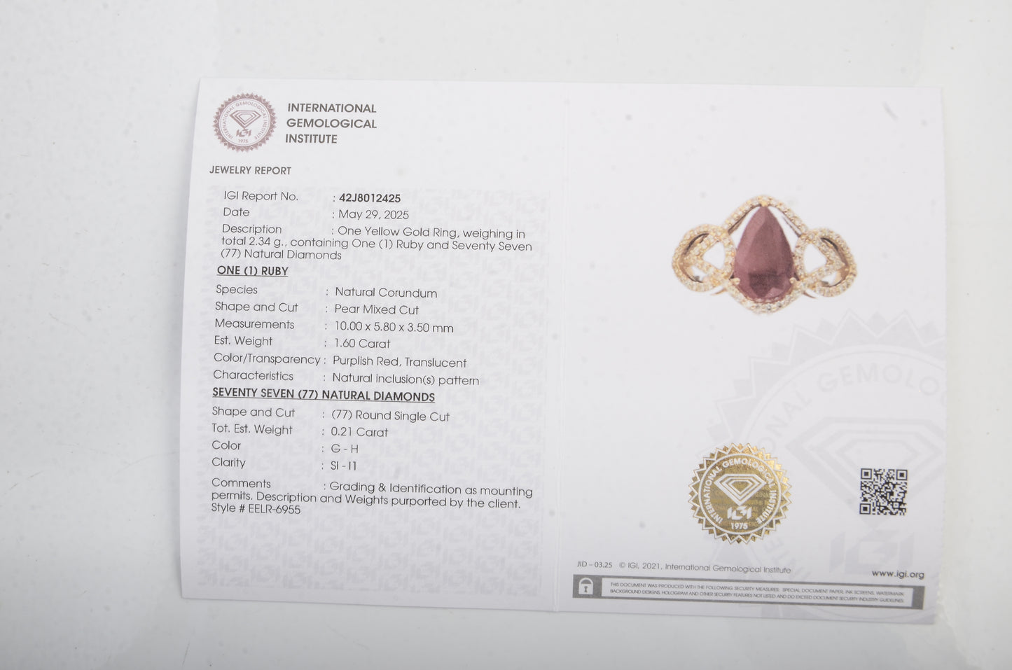1.81 Ct Pear Mixed Cut Natural Corundum Ruby 14K Gold Ring