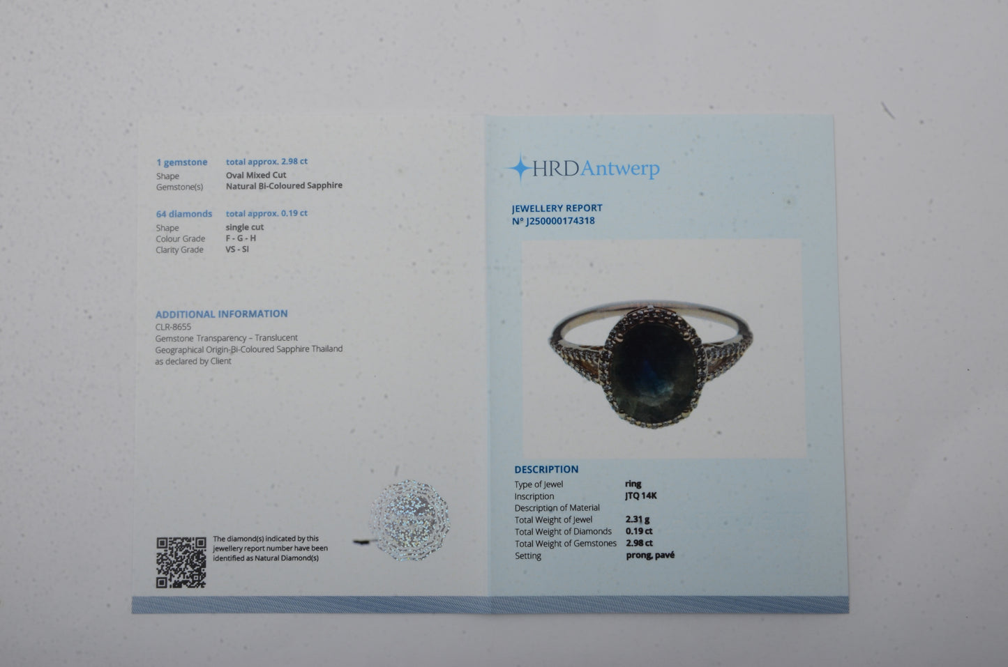 3.17 Ct Oval Mixed Cut Natural Bi Coloured Sapphire 14K Gold Ring