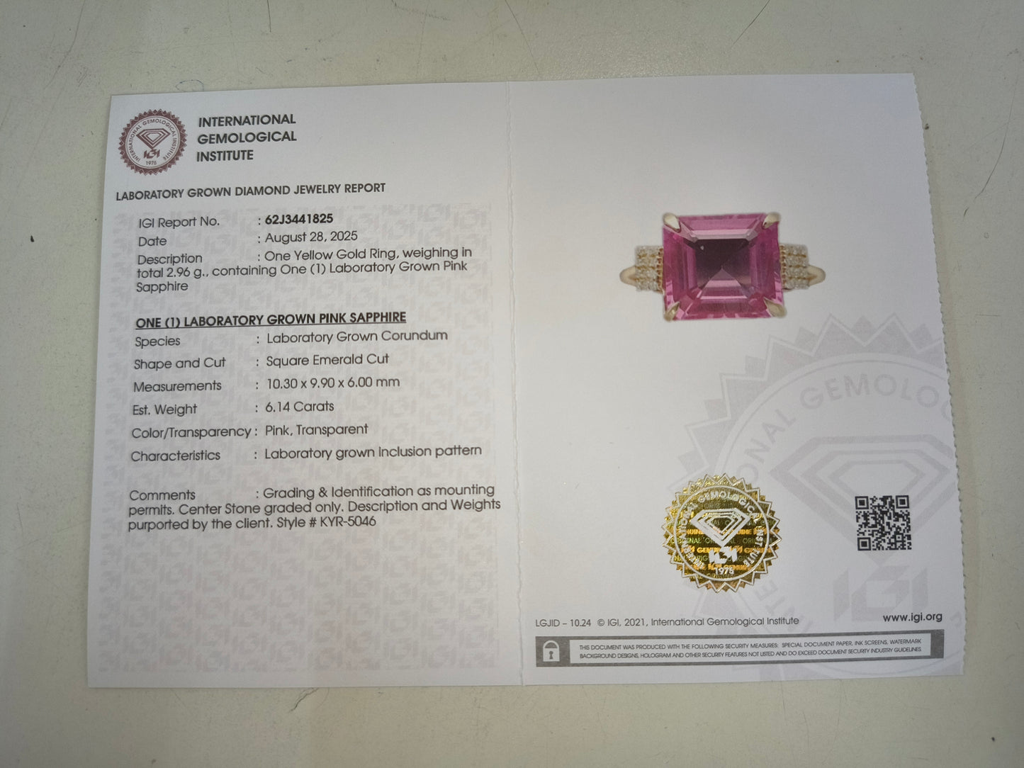 6.22 Ct Square Emerald Cut Lab Grown Pink Sapphire 14K Gold Ring