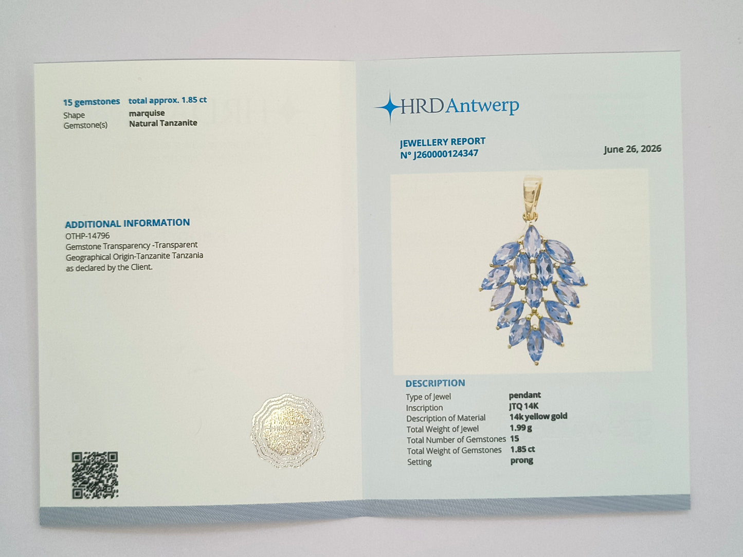 1.85 Ct Marquise Natural Tanzanite 14K Gold Pendant