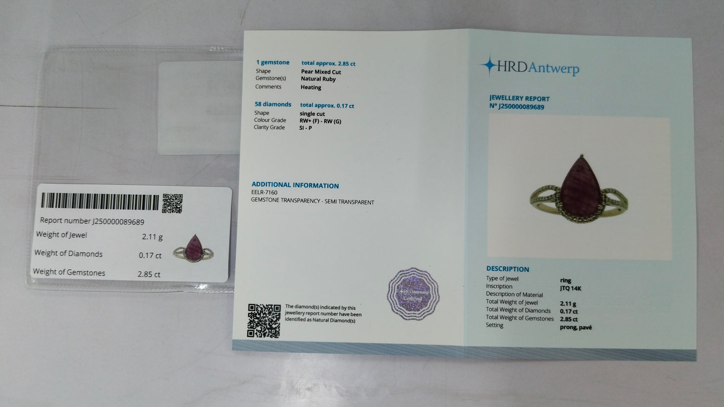 3.02 Ct Pear Mixed Cut Natural Ruby 14K Gold Ring