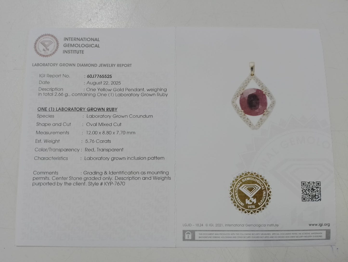 6.19 Ct Oval Mixed Cut Lab Grown Ruby 14K Gold Pendant
