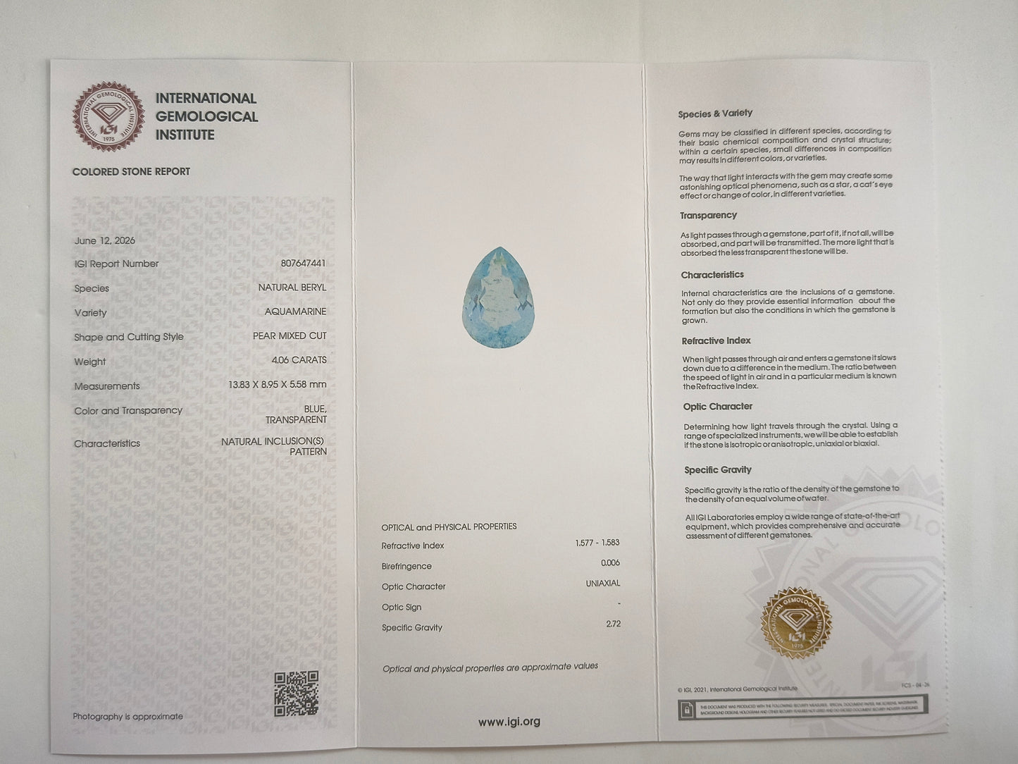 4.1 Natural Beryl Aquamarine Pear Mixed Cut Gemstone