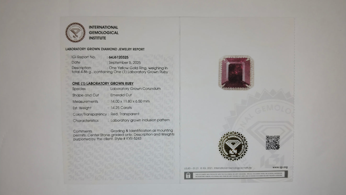 14.44 Ct Emerald Cut Lab Grown Ruby 14K Gold Ring