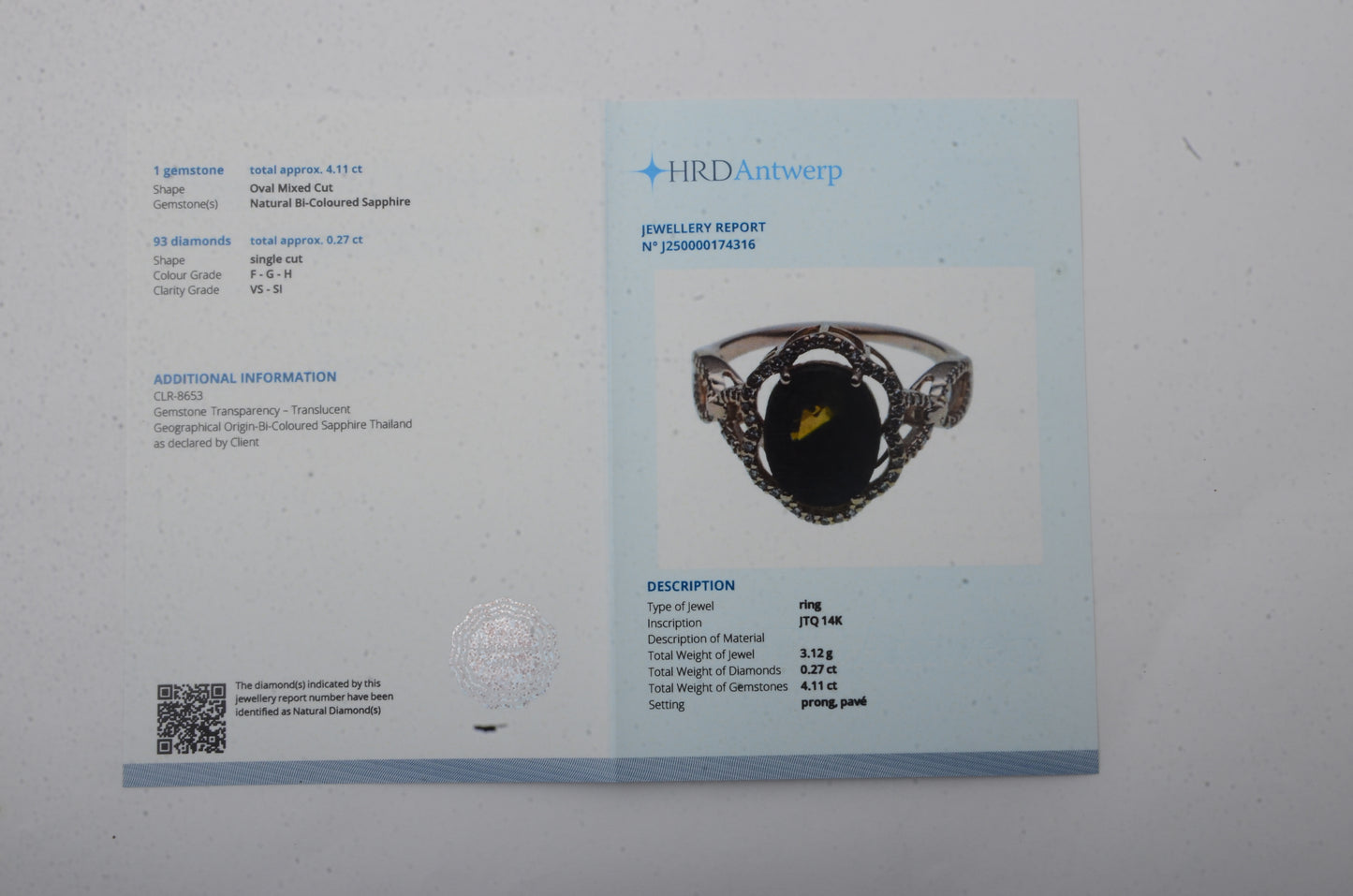 4.38 Ct Oval Mixed Cut Natural Bi Coloured Sapphire 14K Gold Ring