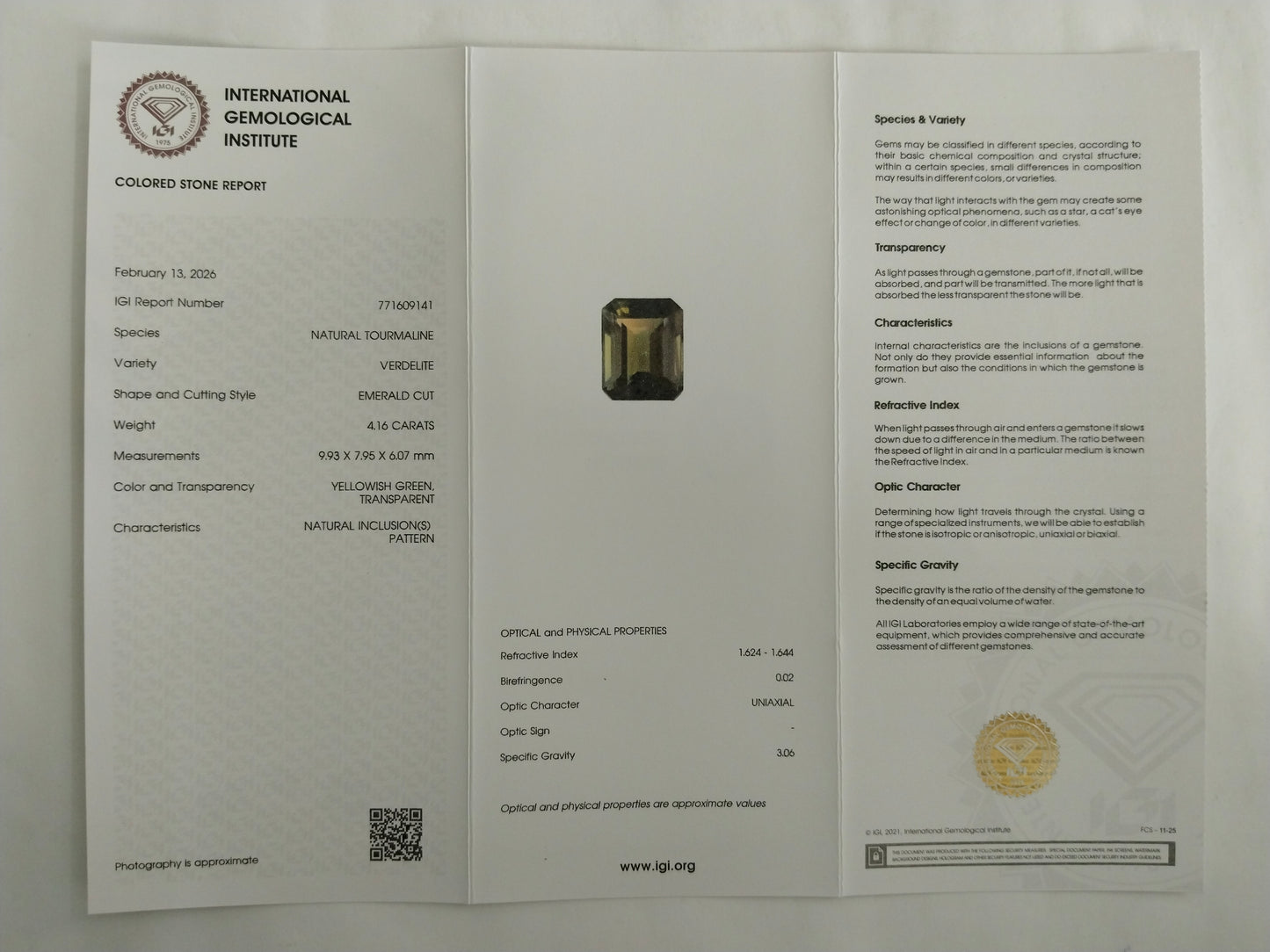 4.16 Natural Tourmaline Verdelite Emerald Cut Gemstone