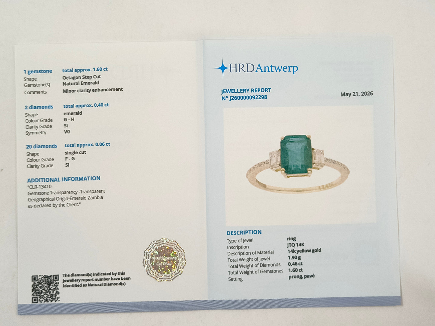 2.06 Ct Octagon Emerald 14K Gold Ring