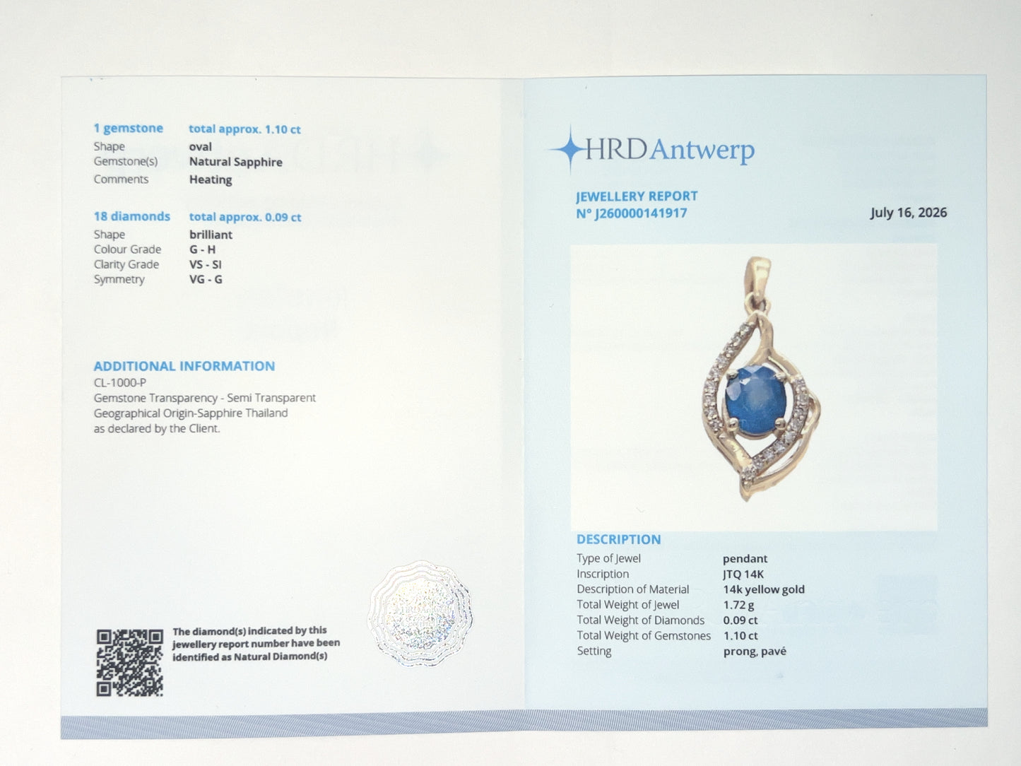 1.19 Ct Oval Natural Sapphire 14K Gold Pendant