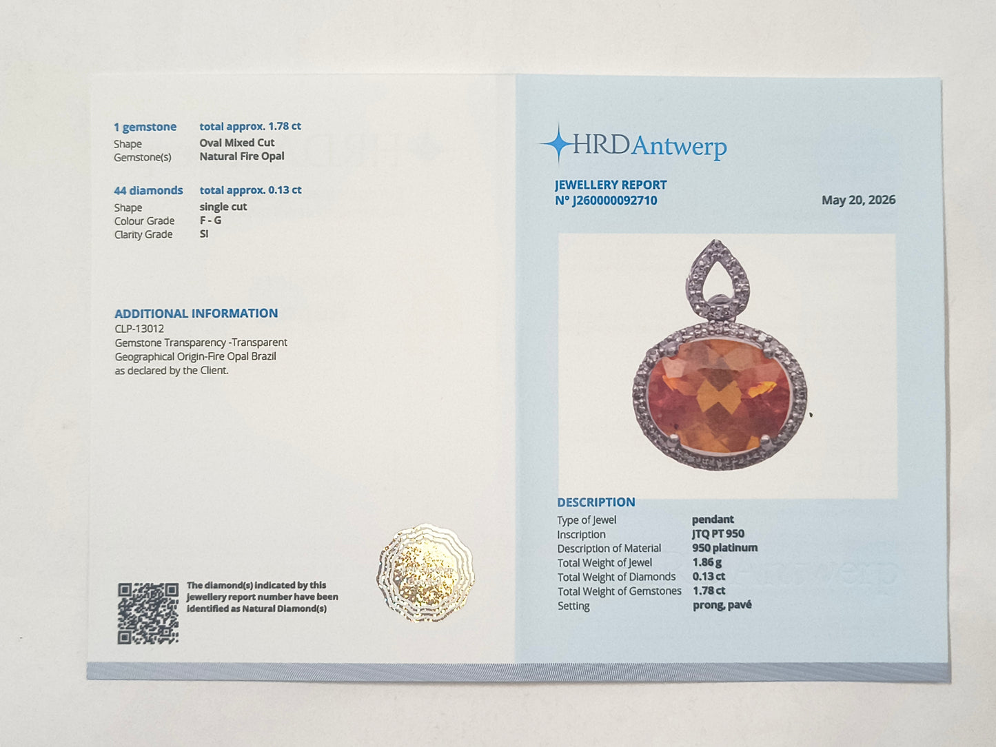 1.91 Ct Oval Fire Opal 950 Platinum Pendant