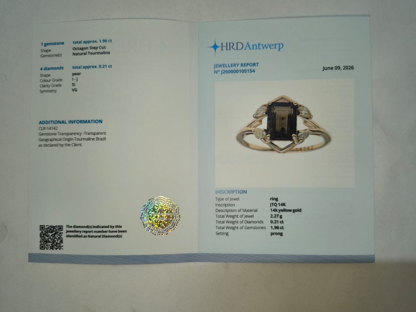 2.17 Ct Octagon Step Cut Natural Tourmaline 14K Gold Ring