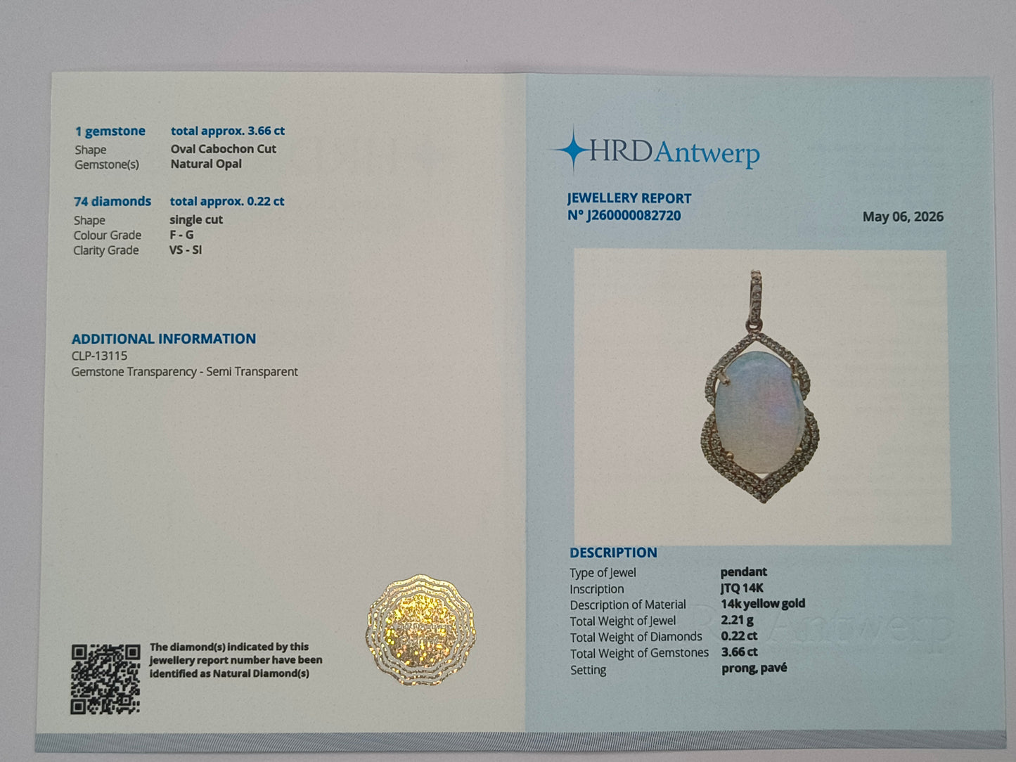 3.88 Ct Oval Cabochon Cut Natural Opal 14K Gold Pendant