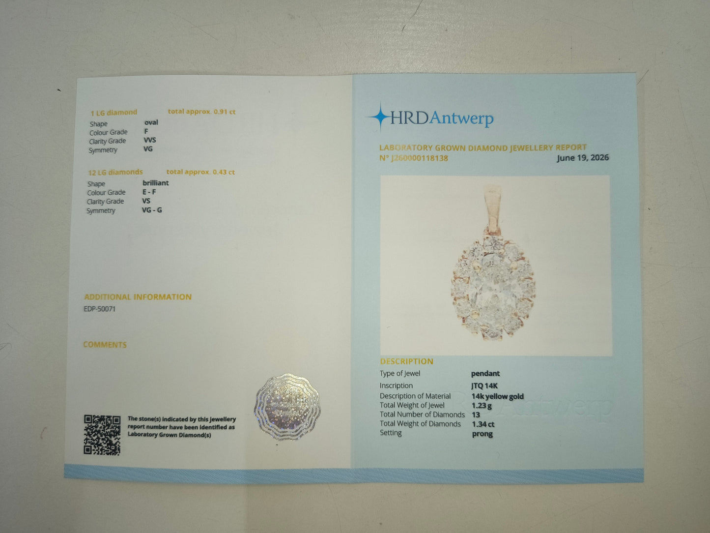 1.34 Ct Oval Lab Grown Diamond 14K Gold Pendant