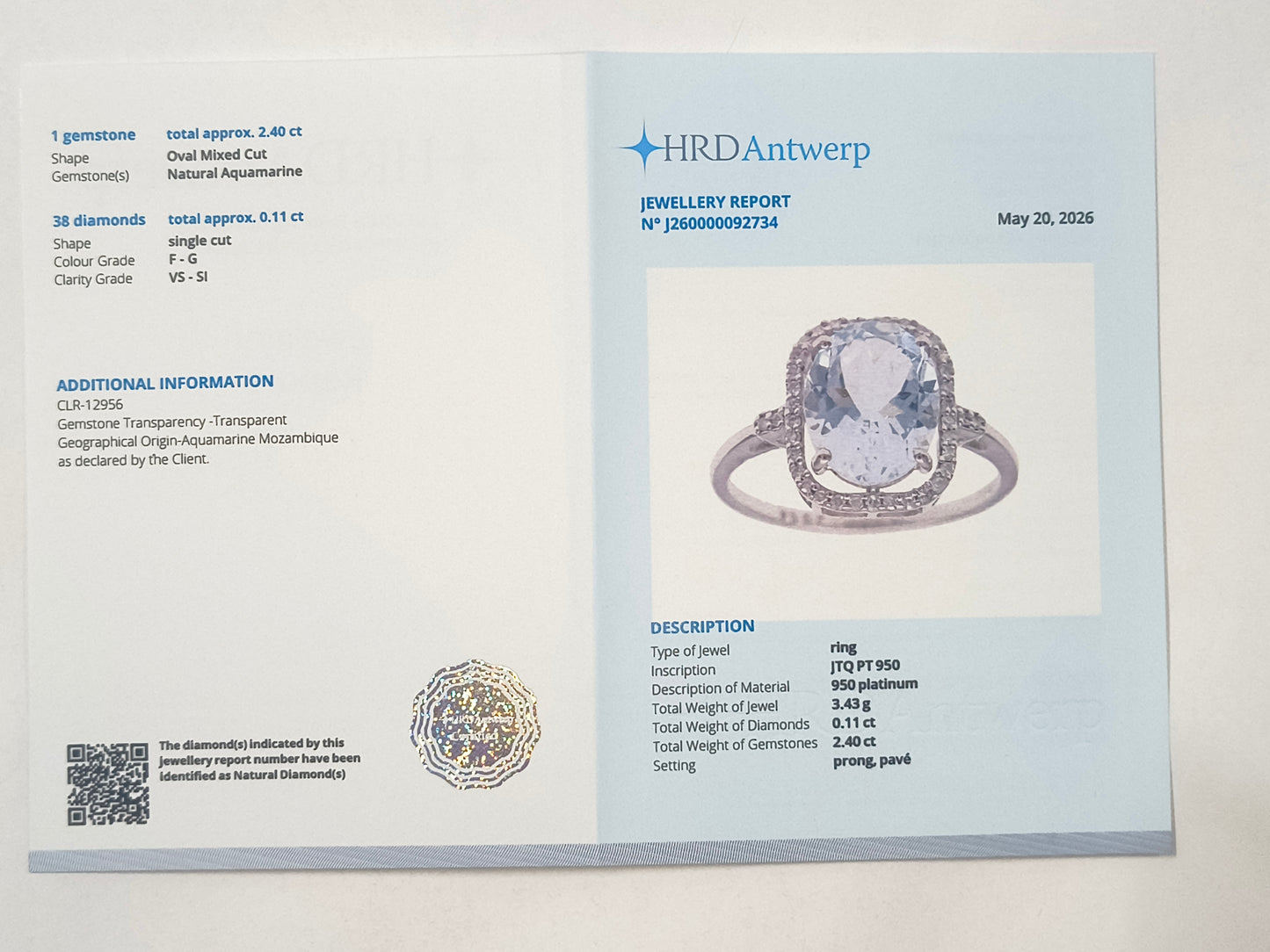 2.51 Ct Oval Aquamarine 950 Platinum Ring