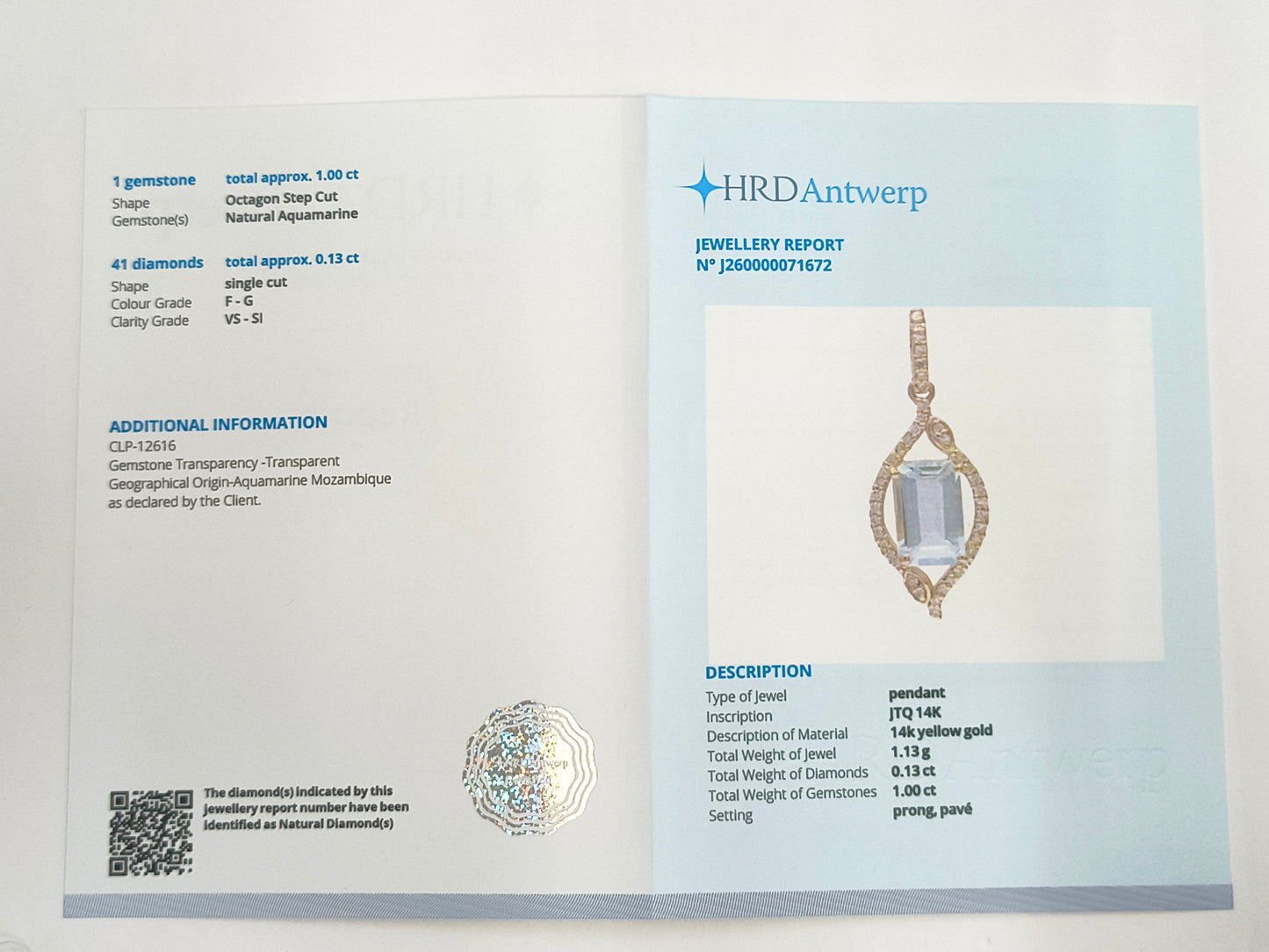 1.13 Ct Octagon Step Cut Natural Aquamarine 14K Gold Pendant