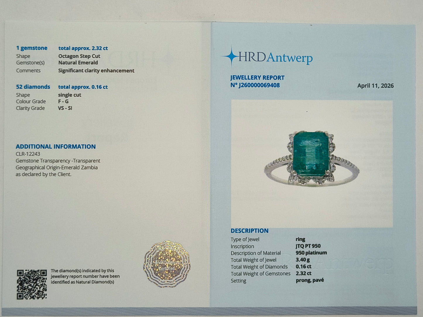 2.48 Ct Octagon Step Cut Natural Emerald 950 Platinum Ring