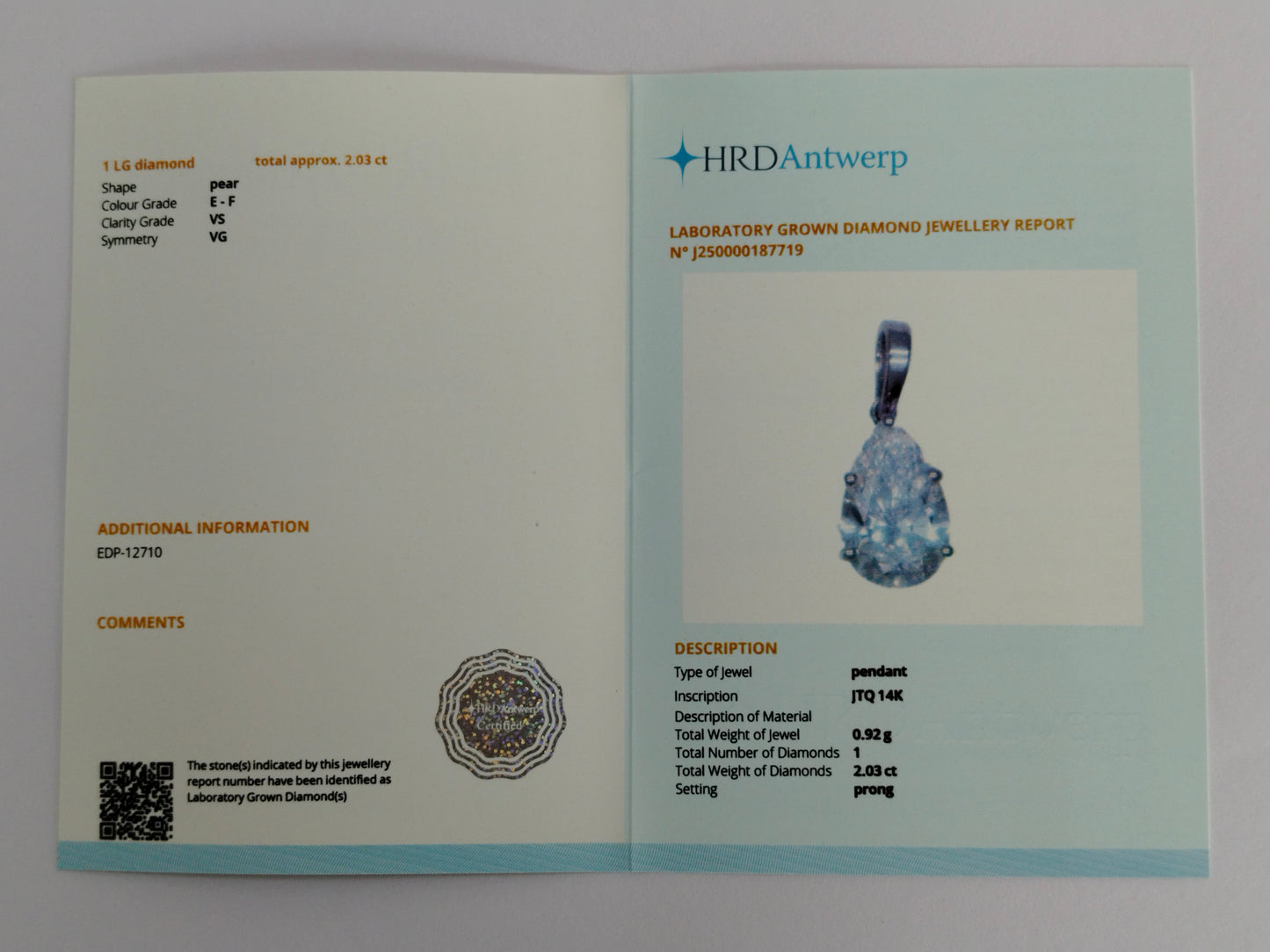 2.03 Carats Lab Grown Diamond 14K Gold Pendant
