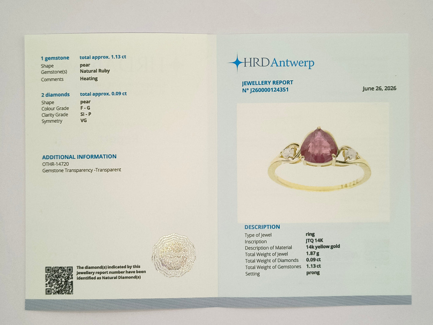 1.22 Ct Pear Natural Ruby 14K Gold Ring