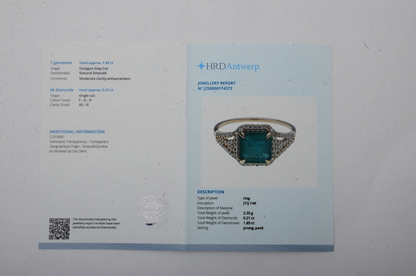 2.06 Ct Octagon Step Cut Natural Emerald 14K Gold Ring