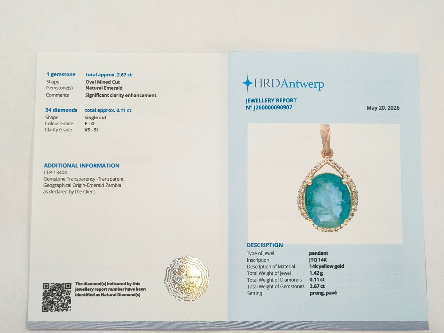 2.78 Ct Oval Emerald 14K Gold Pendant