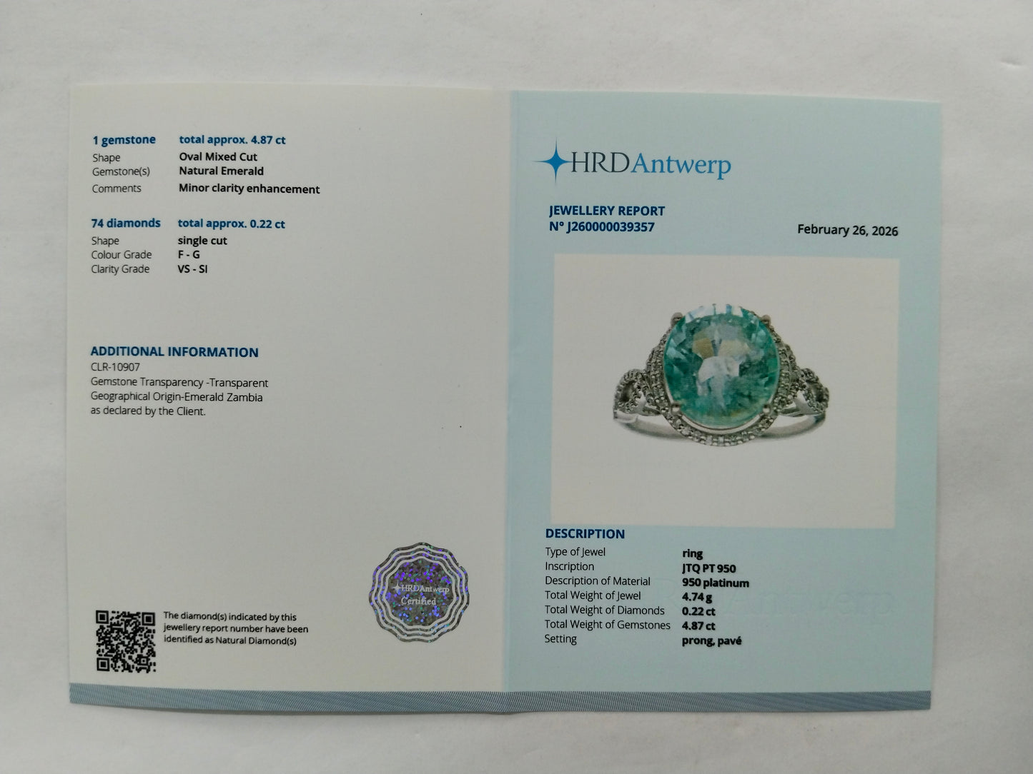 5.09 Ct Oval Mixed Cut Natural Emerald 950 Platinum Ring