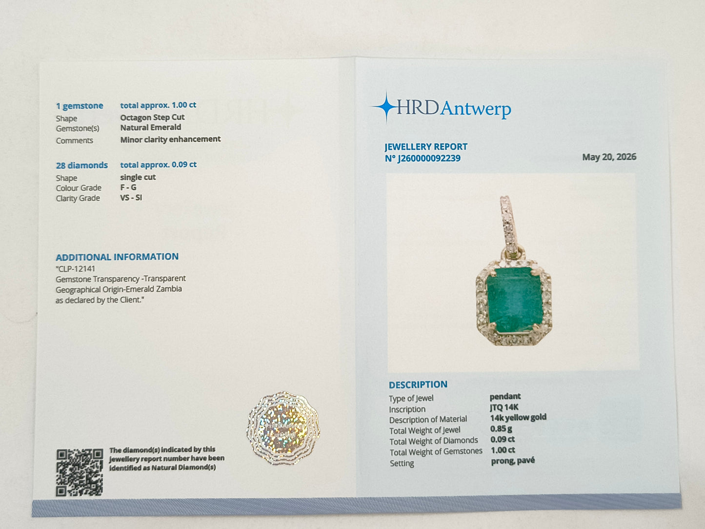 1.09 Ct Octagon Emerald 14K Gold Pendant
