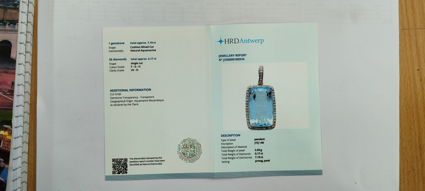 7.36 Ct Cushion Mixed Cut Natural Aquamarine 14K Gold Pendant