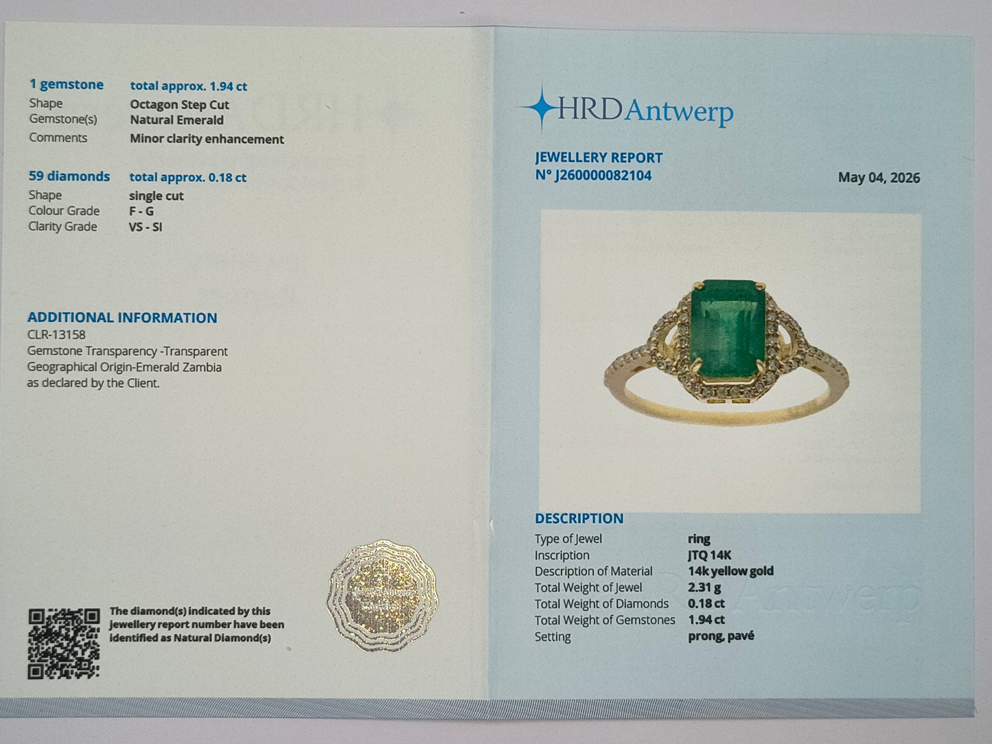 2.12 Ct Octagon Step Cut Natural Emerald 14K Gold Ring