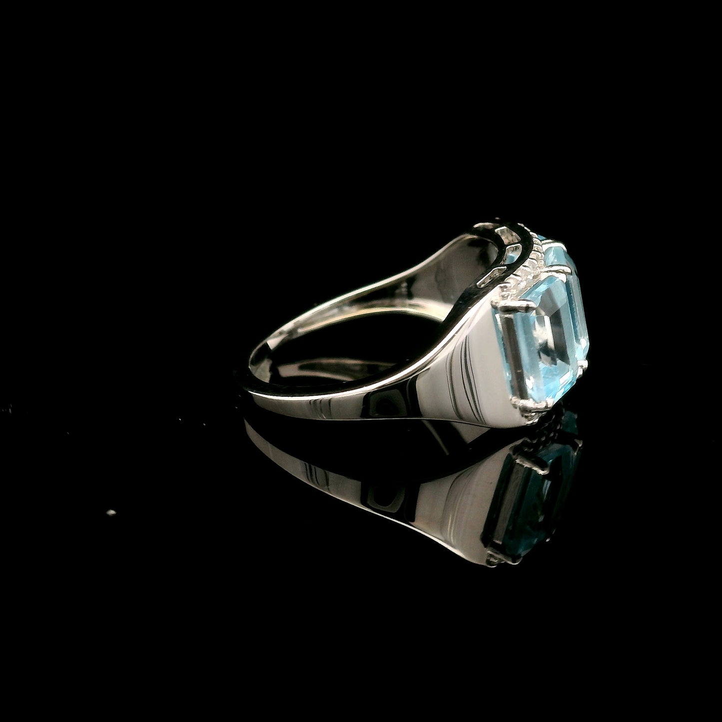 4.17 Ct Octagon Blue Topaz, White Zircon 925 Sterling Silver Ring