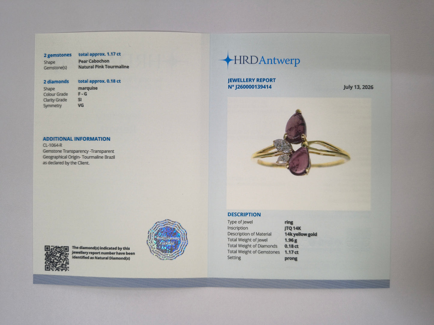 1.35 Ct Pear Cabochon Natural Pink Tourmaline 14K Gold Ring