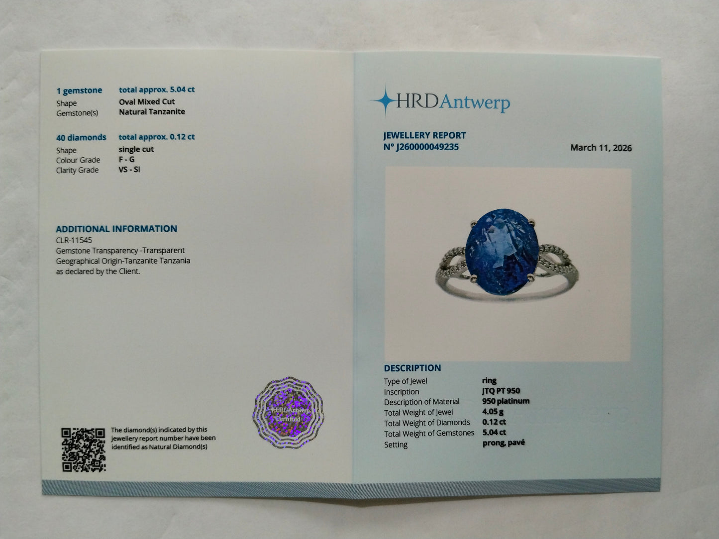 5.16 Ct Oval Mixed Cut Natural Tanzanite 950 Platinum Ring