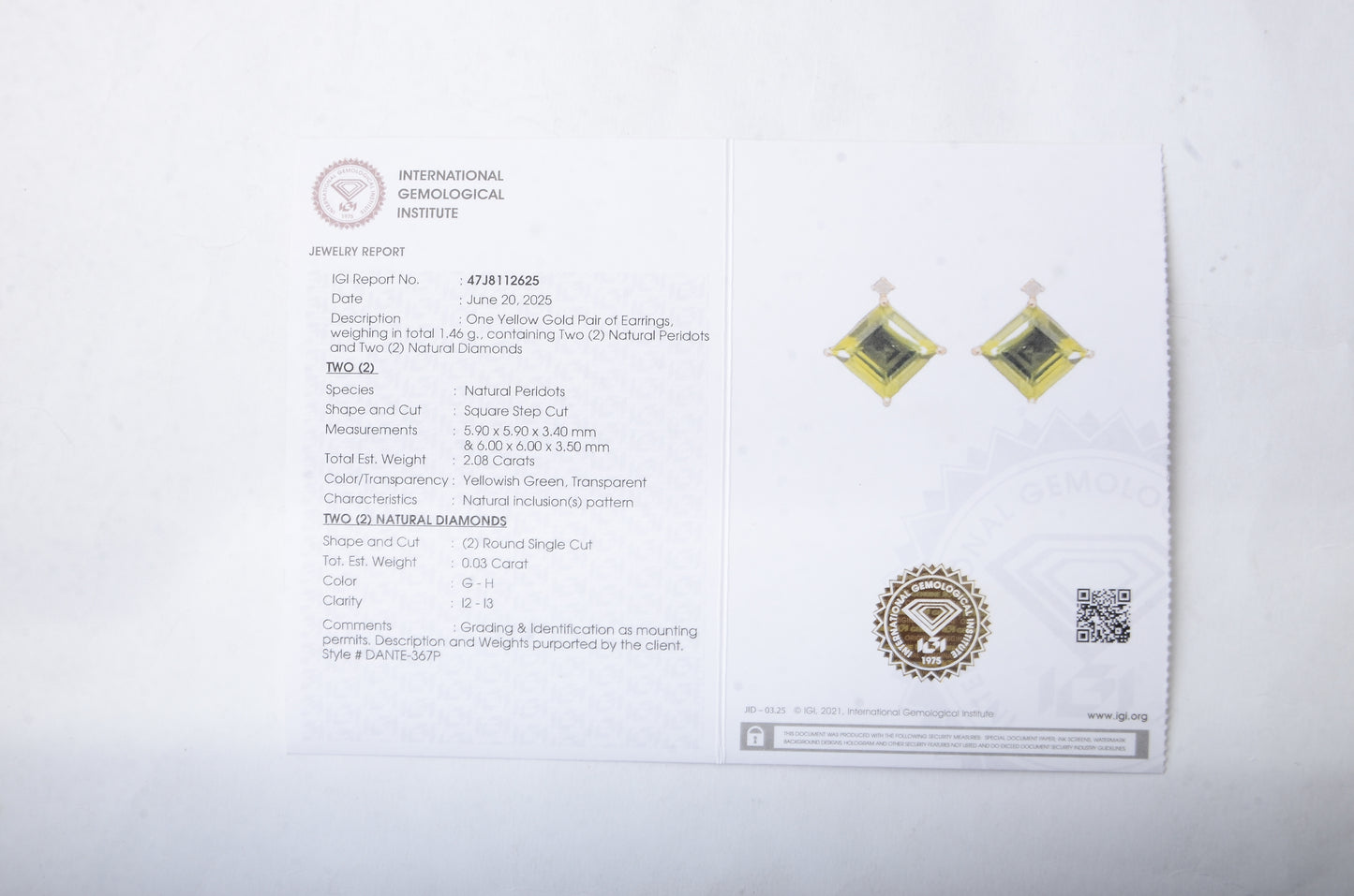 2.11 Ct Square Step Cut Natural Peridots 14K Gold Earrings