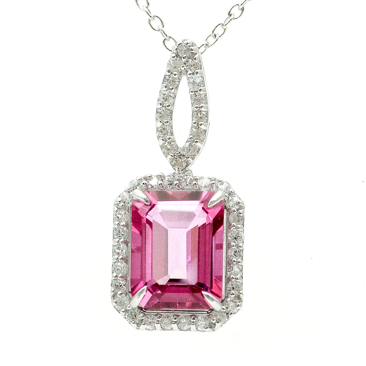 3.56 Ct Octagon Pink Topaz, White Zircon 925 Sterling Silver Pendant